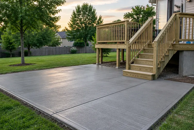 A broom-finished concrete patio beside a new wooden deck