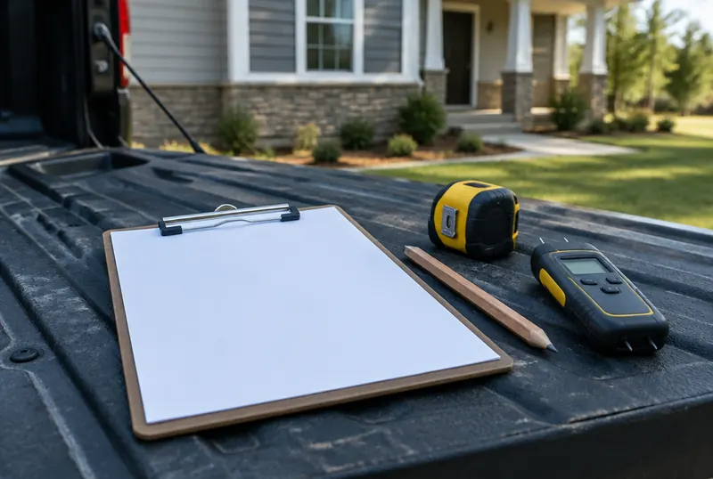 Clipboard, tape measure and moisture meter on the tailgate of a work truck