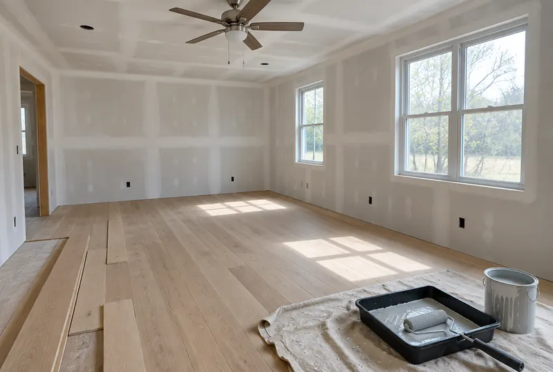 A room mid-finish with smooth drywall, new oak flooring and a ceiling fan