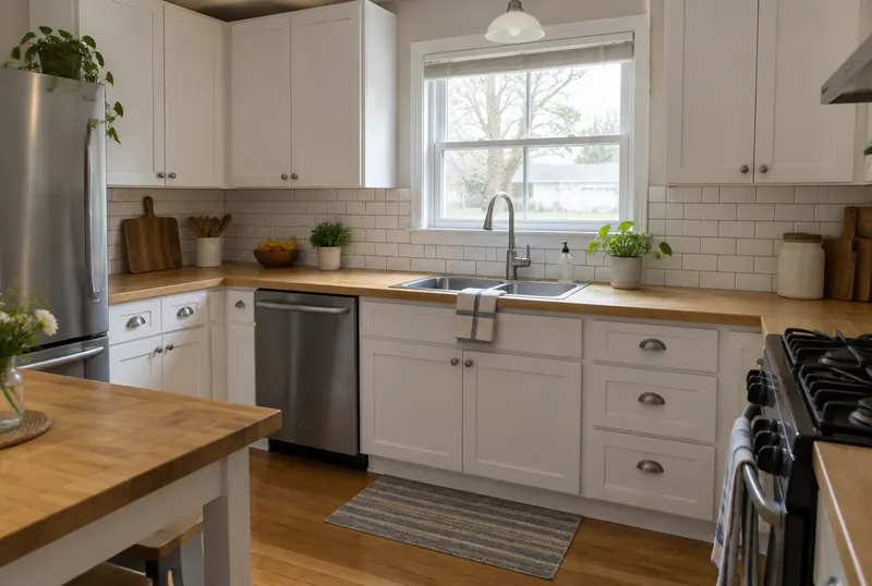 A remodeled kitchen with white shaker cabinets and a butcher-block counter