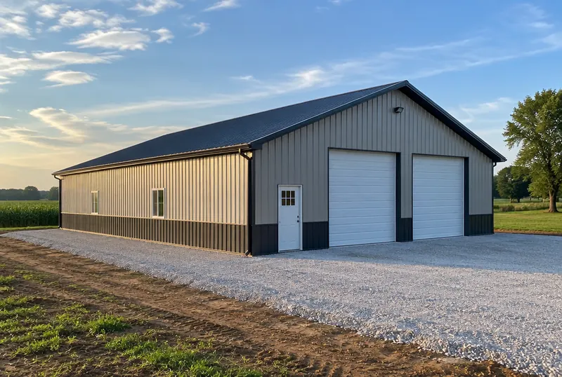 A new metal-sided pole building with a steel roof on a gravel pad