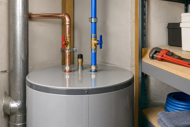 A water heater with new supply lines and shutoff valves