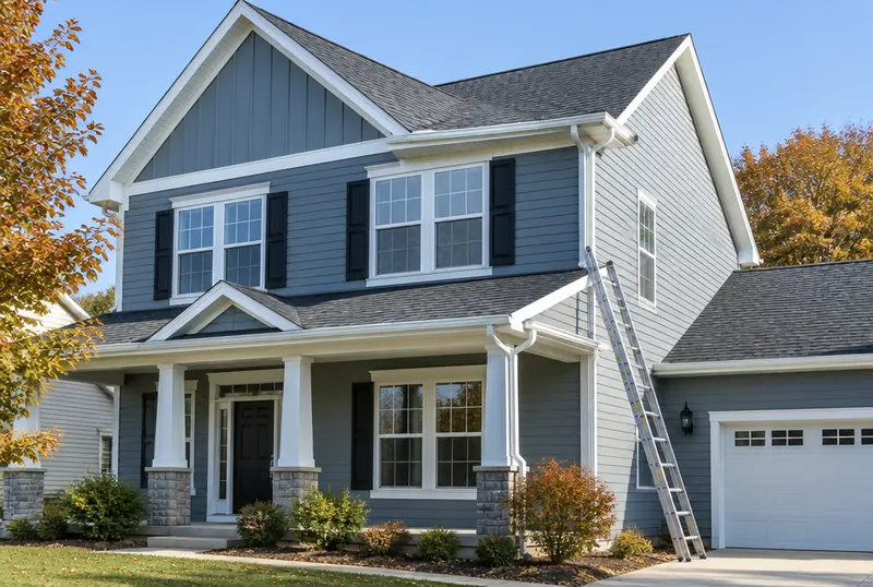 A two-story house with a new dark shingle roof and clean gutters
